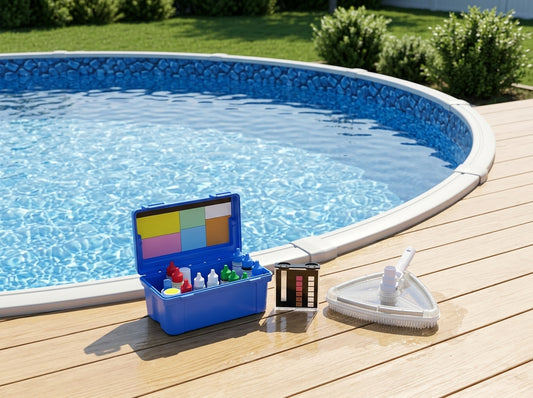 Above-ground pool with liner care supplies on a daylight deck
