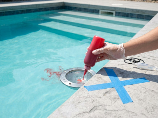 Pool leak dye test setup on a daylight pool deck