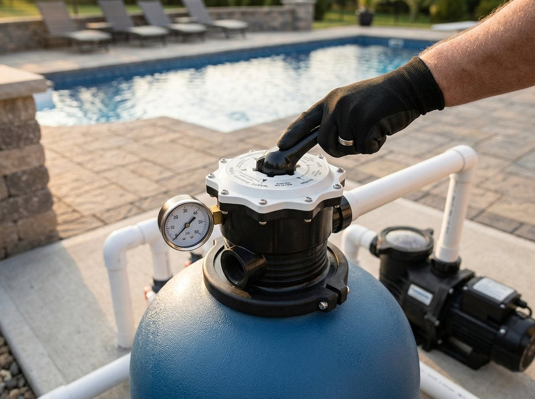 A gloved hand turning the handle on a pool sand filter multiport valve