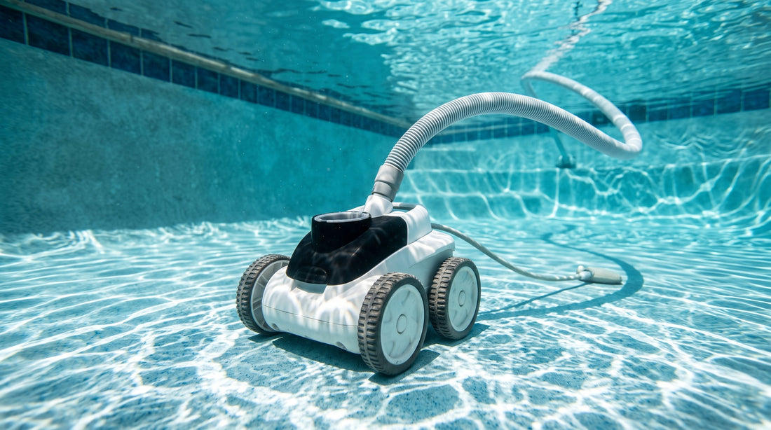 White and black pressure-side pool cleaner on a sunlit in-ground pool floor