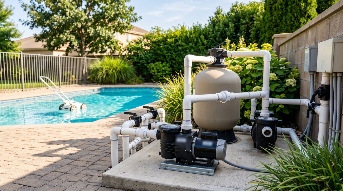 Pool equipment pad with a pressure-side cleaner booster pump, filter tank, and PVC plumbing beside a clean inground swimming pool