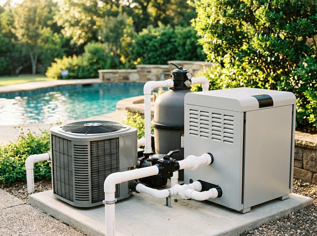 Backyard pool equipment pad with a gas pool heater, heat pump, filter, and PVC plumbing