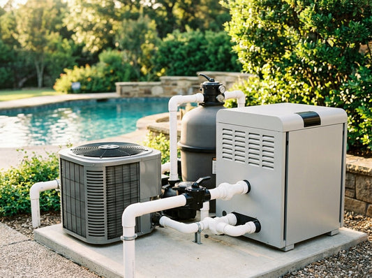 Backyard pool equipment pad with a gas pool heater, heat pump, filter, and PVC plumbing