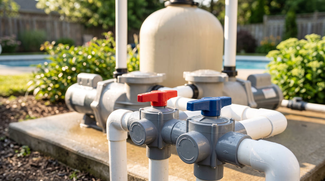 Two three-way pool diverter valves with red and blue handles on the white PVC plumbing of a backyard pool equipment pad