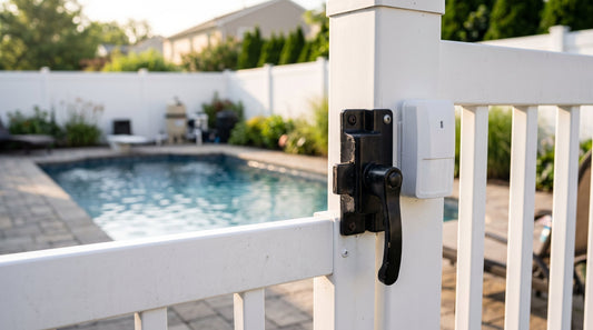 Wireless pool safety alarm sensor mounted on a pool fence gate latch next to a backyard swimming pool