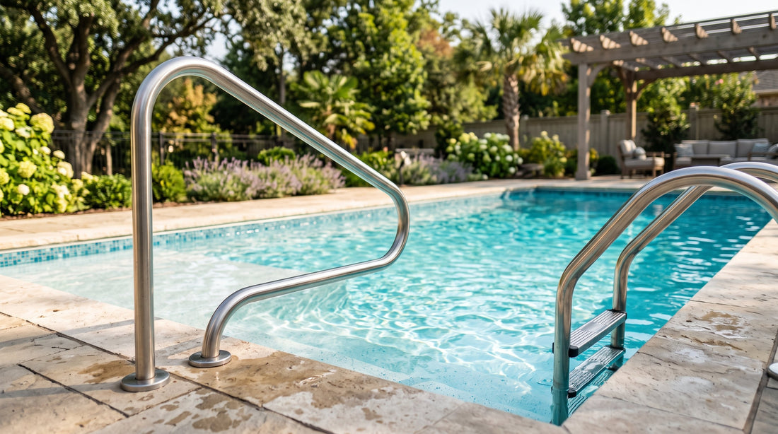 Stainless steel return-to-deck pool handrail and a three-step ladder at the edge of a clear blue in-ground swimming pool
