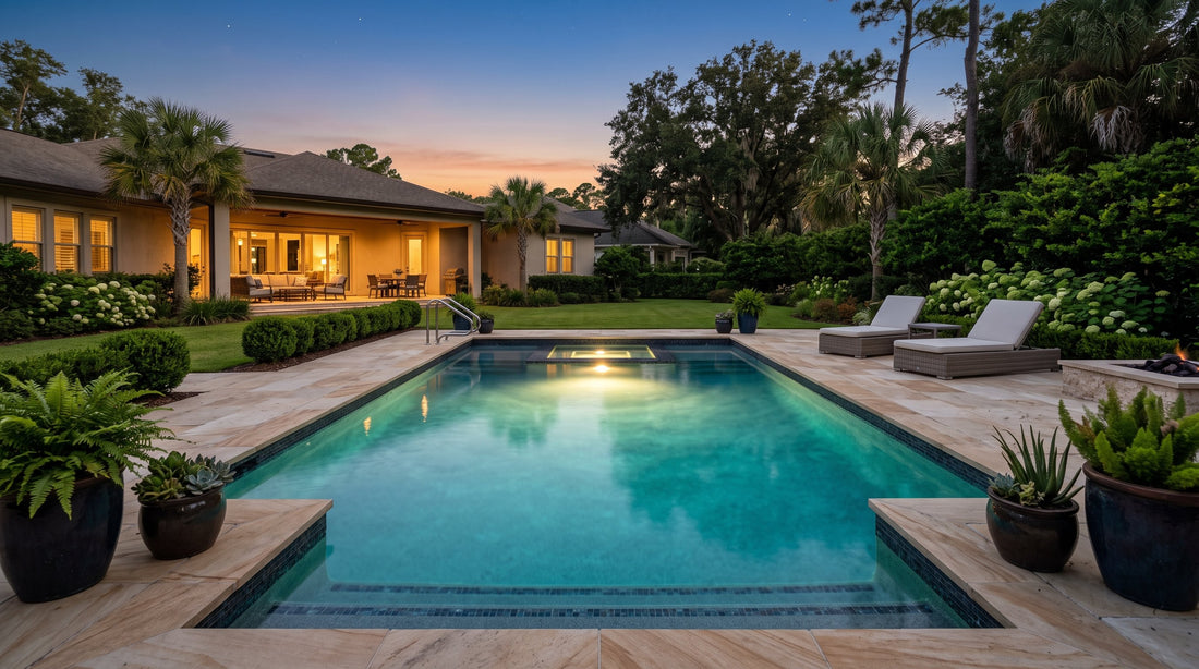 In-ground swimming pool at dusk with the underwater LED pool light glowing warm white through clear water
