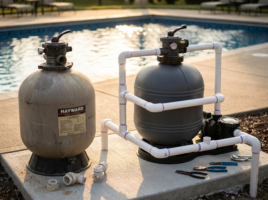 Aging Hayward Pro-Series sand filter replaced by a gleaming new Genesis 26-inch oval sand filter on a poolside equipment pad at golden hour