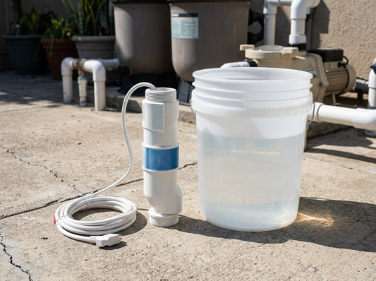 Hayward salt cell removed from plumbing next to a cleaning bucket on a daylight equipment pad