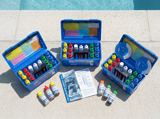 Three Taylor brand pool water test kits laid out on a pool deck in daylight