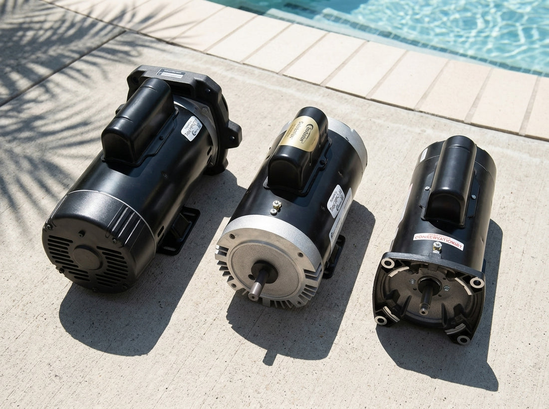 Three pool pump motors of different sizes on a daylight equipment pad