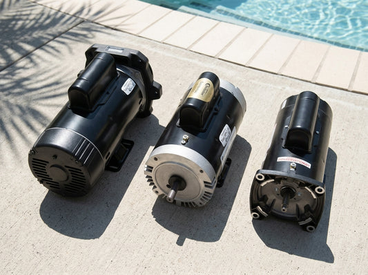 Three pool pump motors of different sizes on a daylight equipment pad
