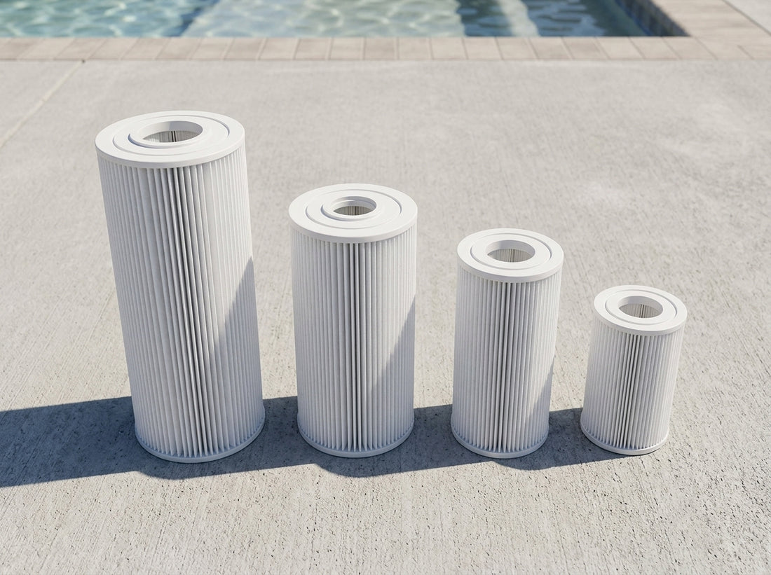 Four pool cartridge filter elements of different sizes lined up on a daylight equipment pad