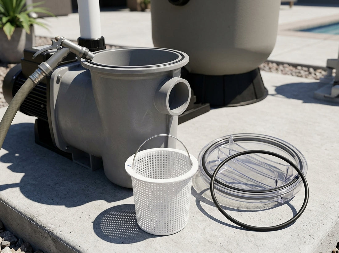 Open pool pump strainer pot with replacement o-ring and basket on a daylight equipment pad