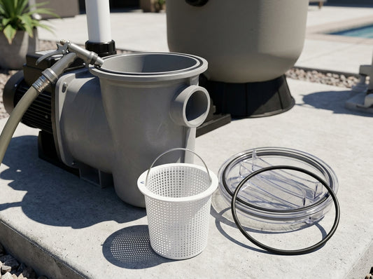 Open pool pump strainer pot with replacement o-ring and basket on a daylight equipment pad