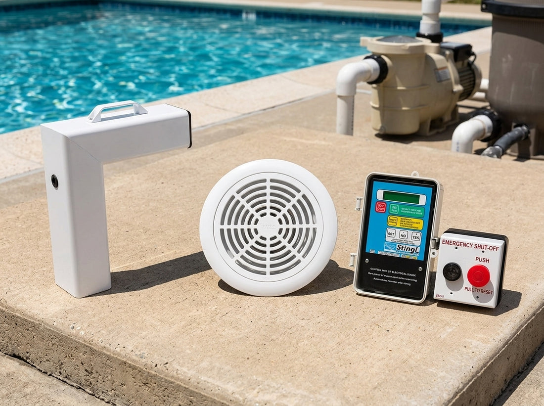 Pool safety equipment - alarm, vacuum release switch, and drain cover on a pool deck in daylight
