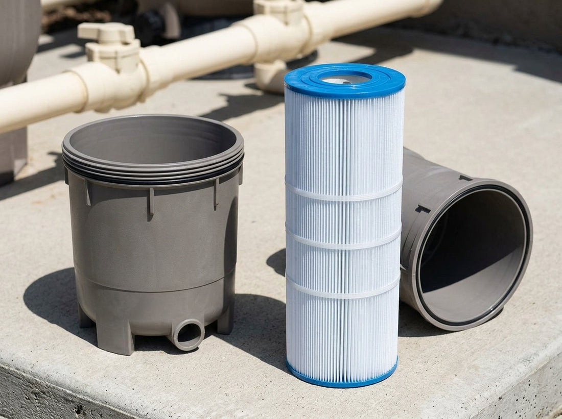 Open pool cartridge filter housing with a new replacement element next to it on a daylight equipment pad