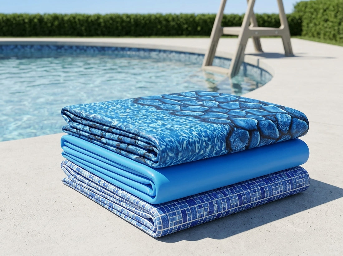 Three folded above-ground pool liners in different patterns on a pool deck in daylight