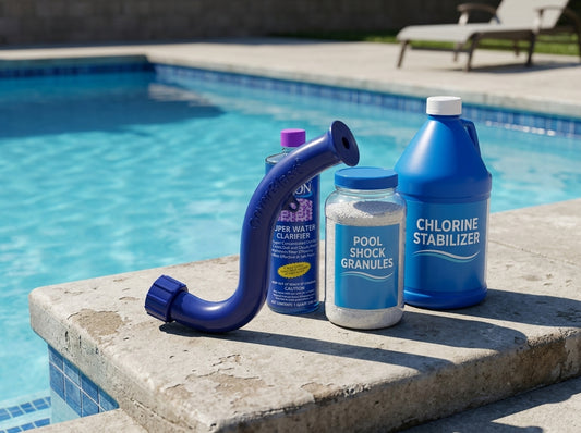 Pool winter care products on a daylight equipment pad