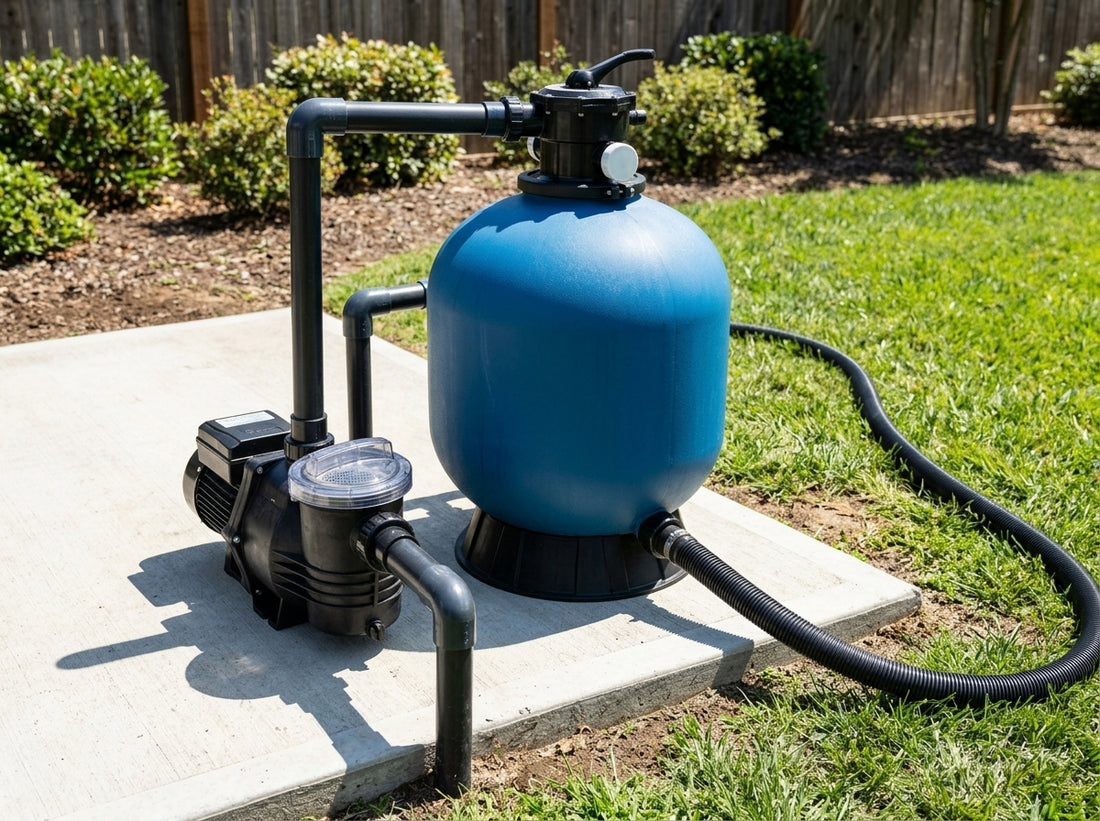 Pool sand filter with multiport valve and backwash hose on an equipment pad in daylight