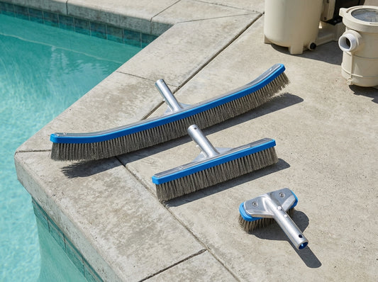 Three sizes of pool algae brushes laid out on a pool equipment pad in daylight
