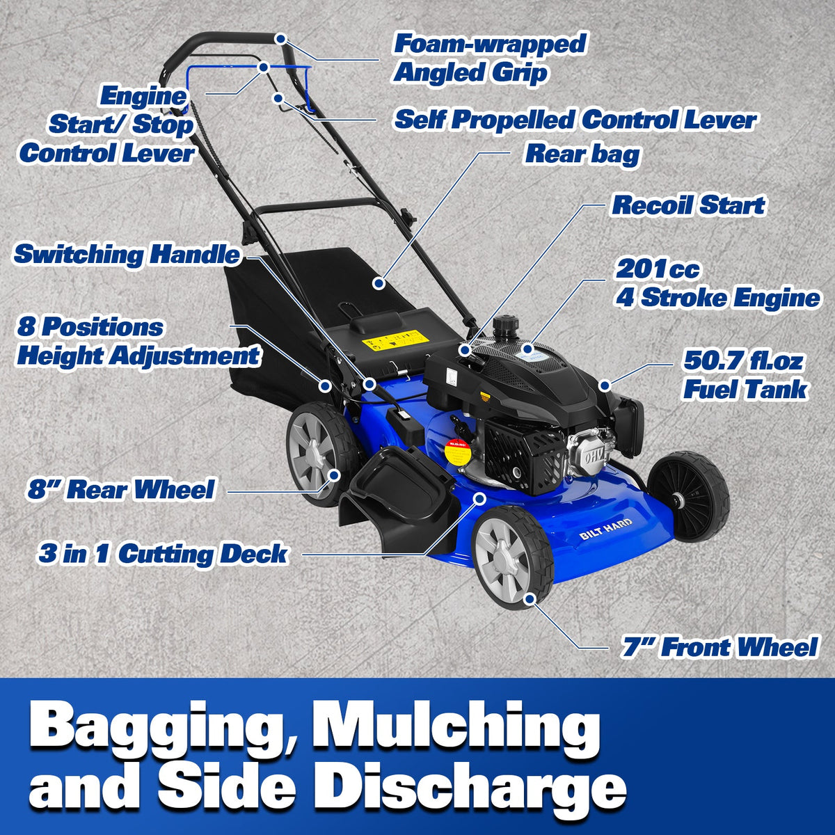BILT HARD 21" Self-Propelled Gas Lawn Mower – 201cc 4-Cycle Engine, 3-in-1 Mulching, Bagging & Side Discharge, 8-Position Height Adjustment, Easy Start