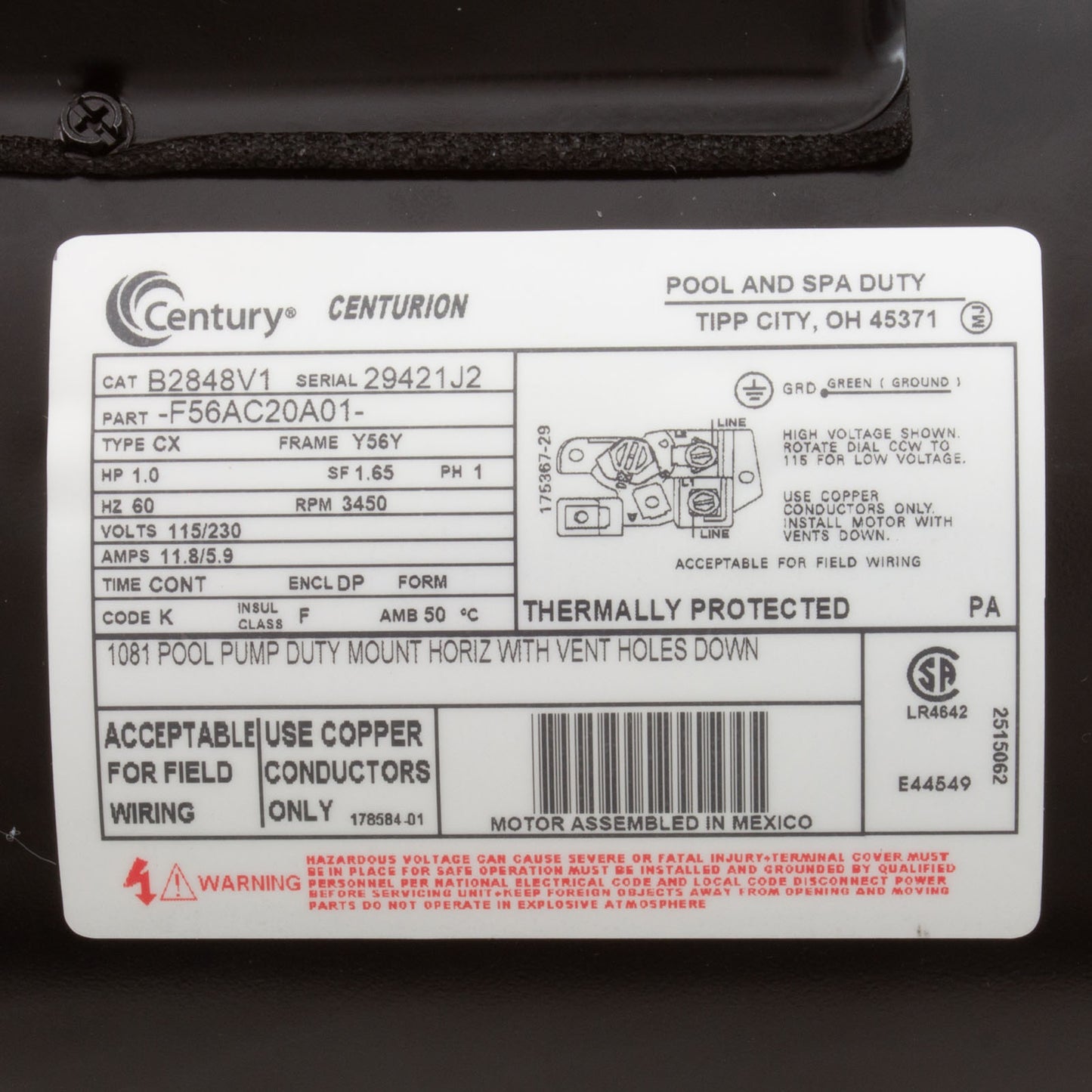 Motor Century, 1,0 hp, 115 V/230 V, 1 velocidad, 56 Yfr, SQFL