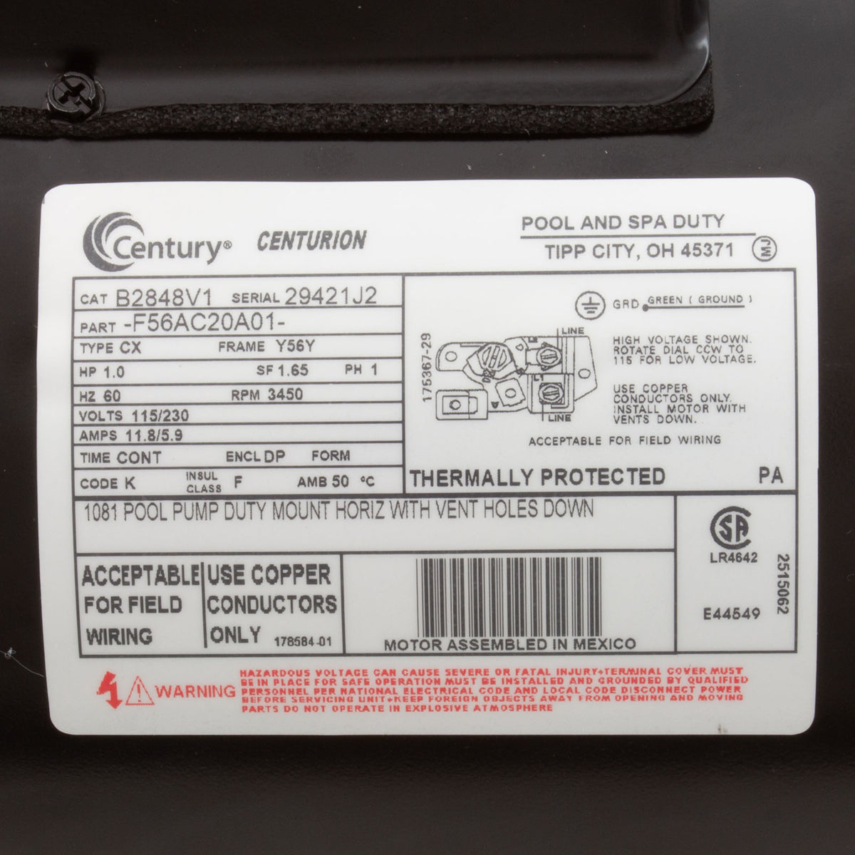 Motor, Century, 1.0hp, 115v/230v, 1-Speed, 56Yfr, SQFL