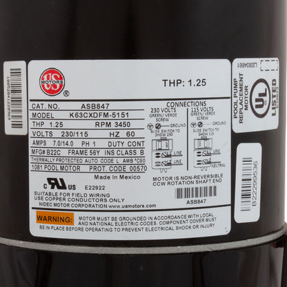 Motor, US Motor, 0.75hp, 115/230v, 56YFr, SQFL, Full Rated