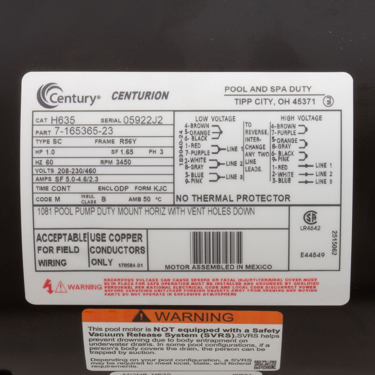 Motor, Cent, 1Hp, 208-230/460V, 3Ph, 1-Sp, Sf1.65, 56Yfr 3450Rpm