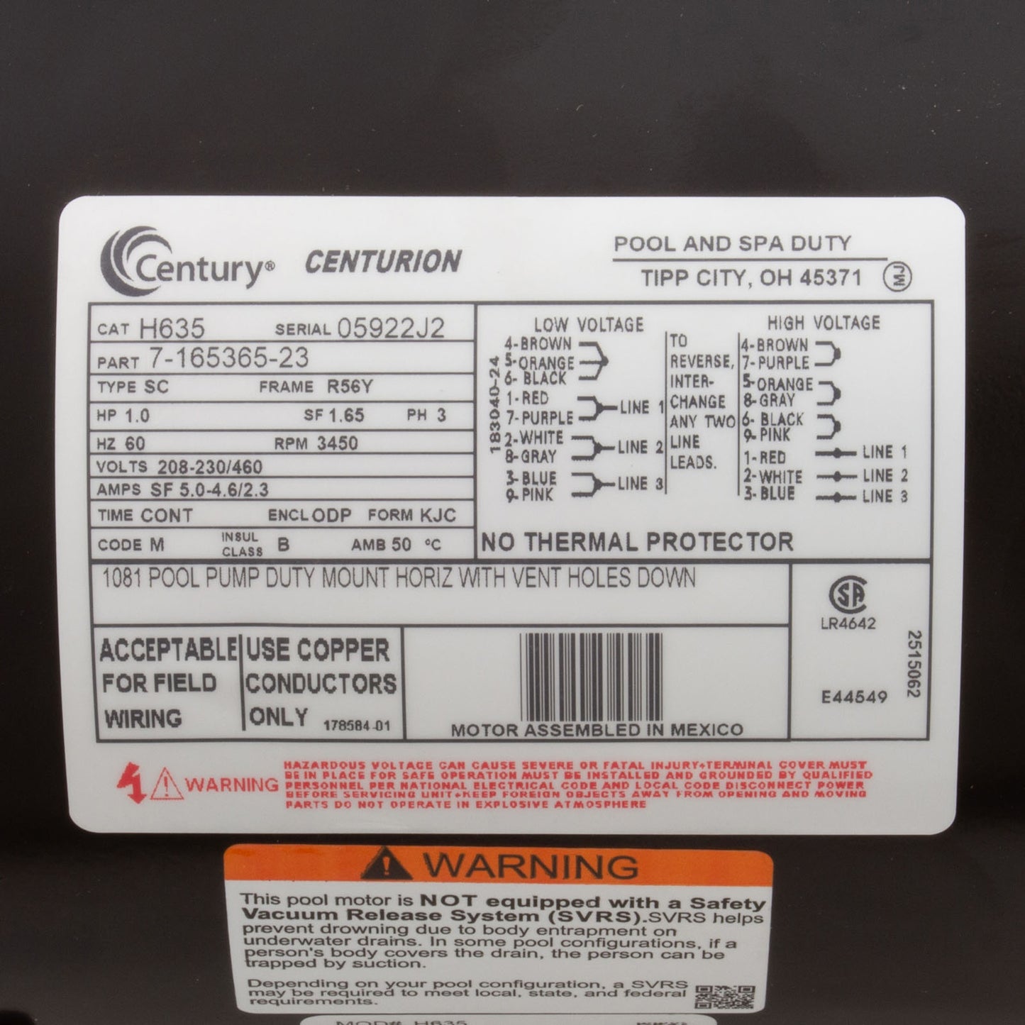 Motor, Cent, 1 HP, 208-230/460 V, 3 fases, 1 velocidad, SF1,65, 56 Yfr, 3450 rpm