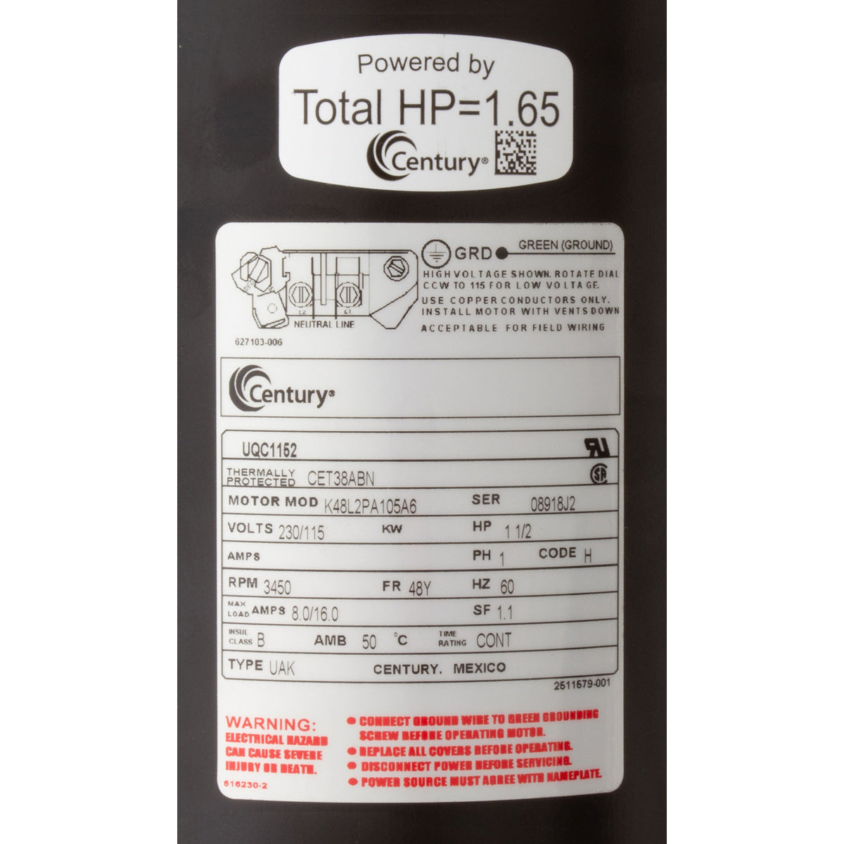 Motor, Cent, 1.5Hp, 115/230V, 1-Sp, Sf1, 48Yfr