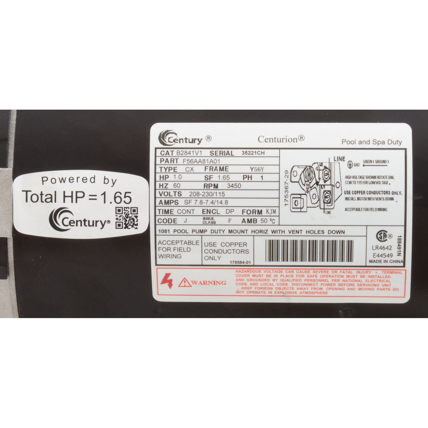 Motor Century, 1,0 hp, 115 V/208-230 V, 1 velocidad, 56 Yfr, SQFL