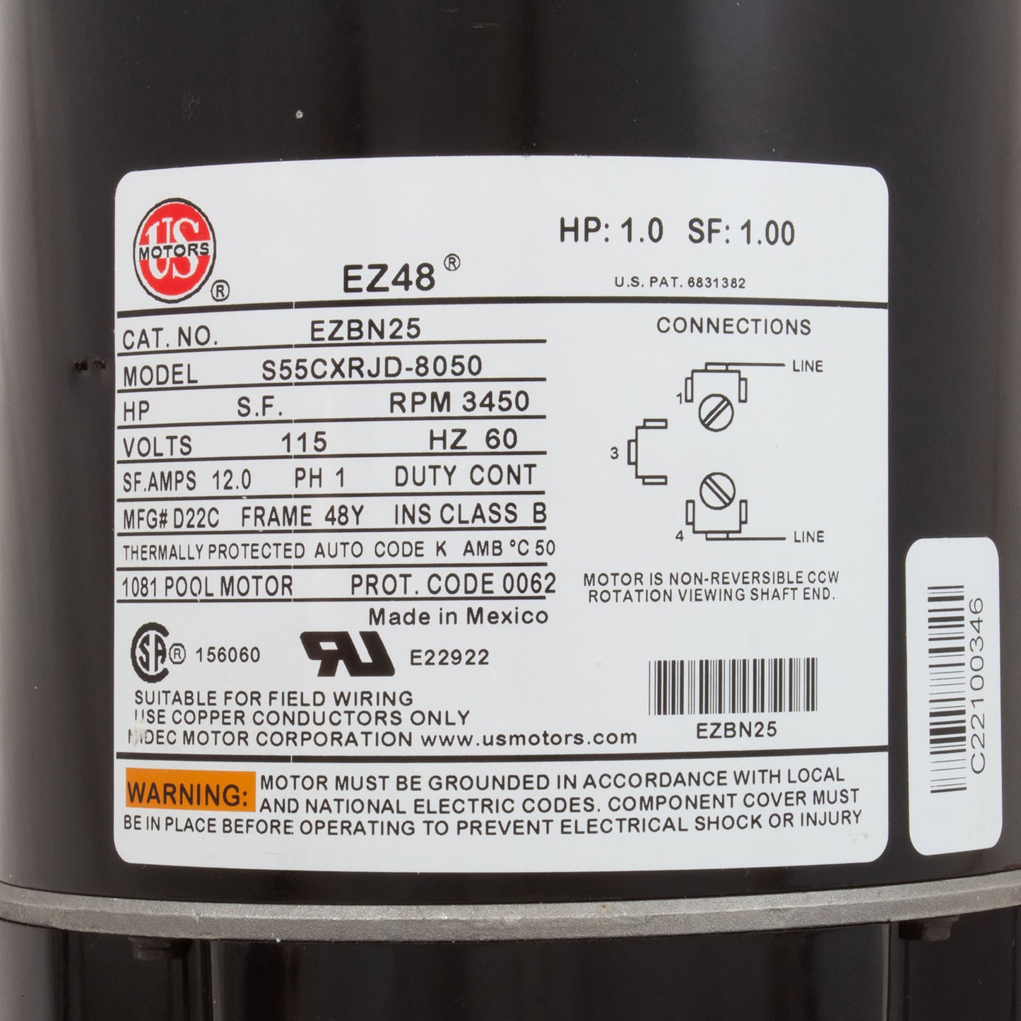 Motor, Nidec/US Motor, 1.0hp, 115v, 1-Spd, 48Y Frame