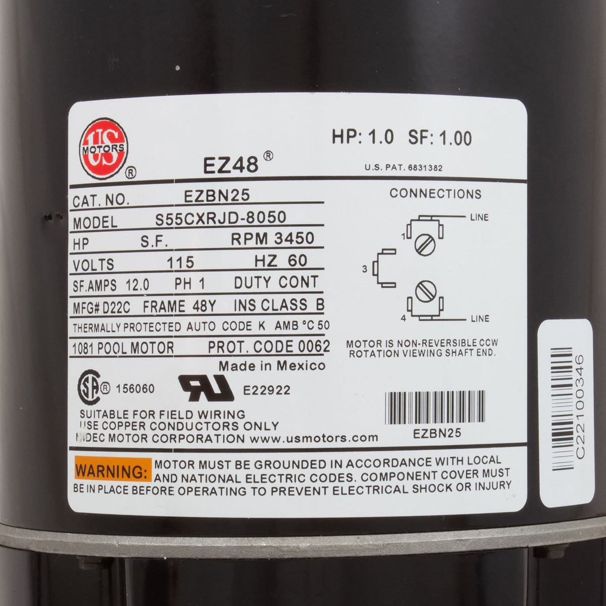 Motor, Nidec/US Motor, 1.0hp, 115v, 1-Spd, 48Y Frame