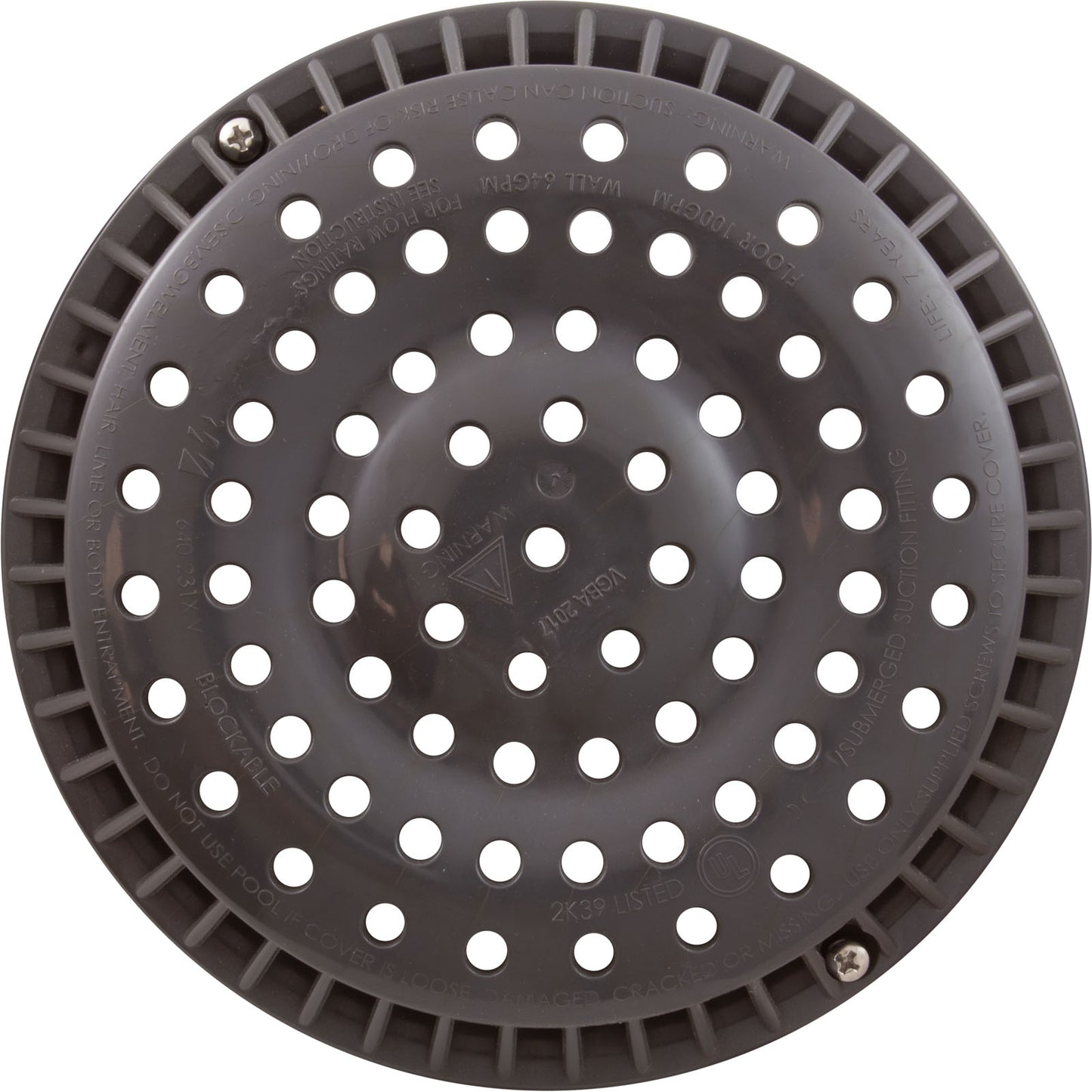 Main Drain Grate, WW Anti-Vortex, 8" Round, w/o Screws, Dk Gry