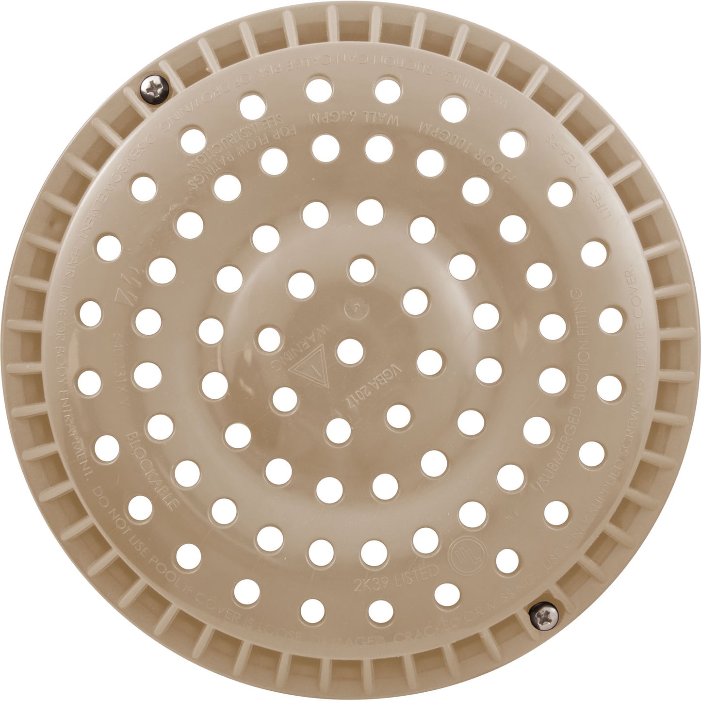 Main Drain Grate, WW Anti-Vortex, 8" Round, w/ Screws, Beige