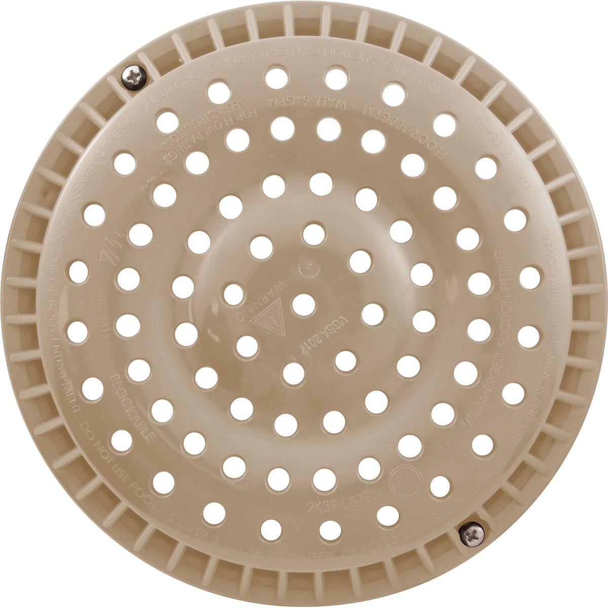 Main Drain Grate, WW Anti-Vortex, 8" Round, w/ Screws, Beige