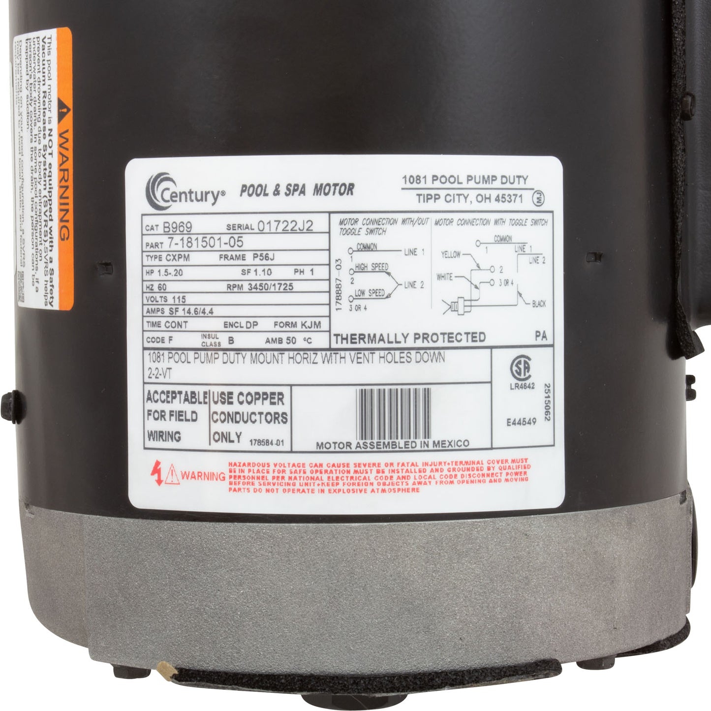 Motor, Century, 1.5hp, 2-Spd, 115v, 56JFr, C-Face, Full Rated, Thd