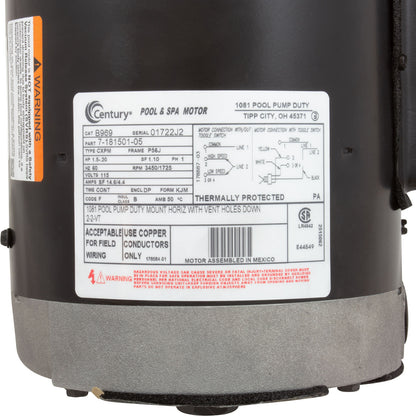 Motor, Century, 1.5hp, 2-Spd, 115v, 56JFr, C-Face, Full Rated, Thd