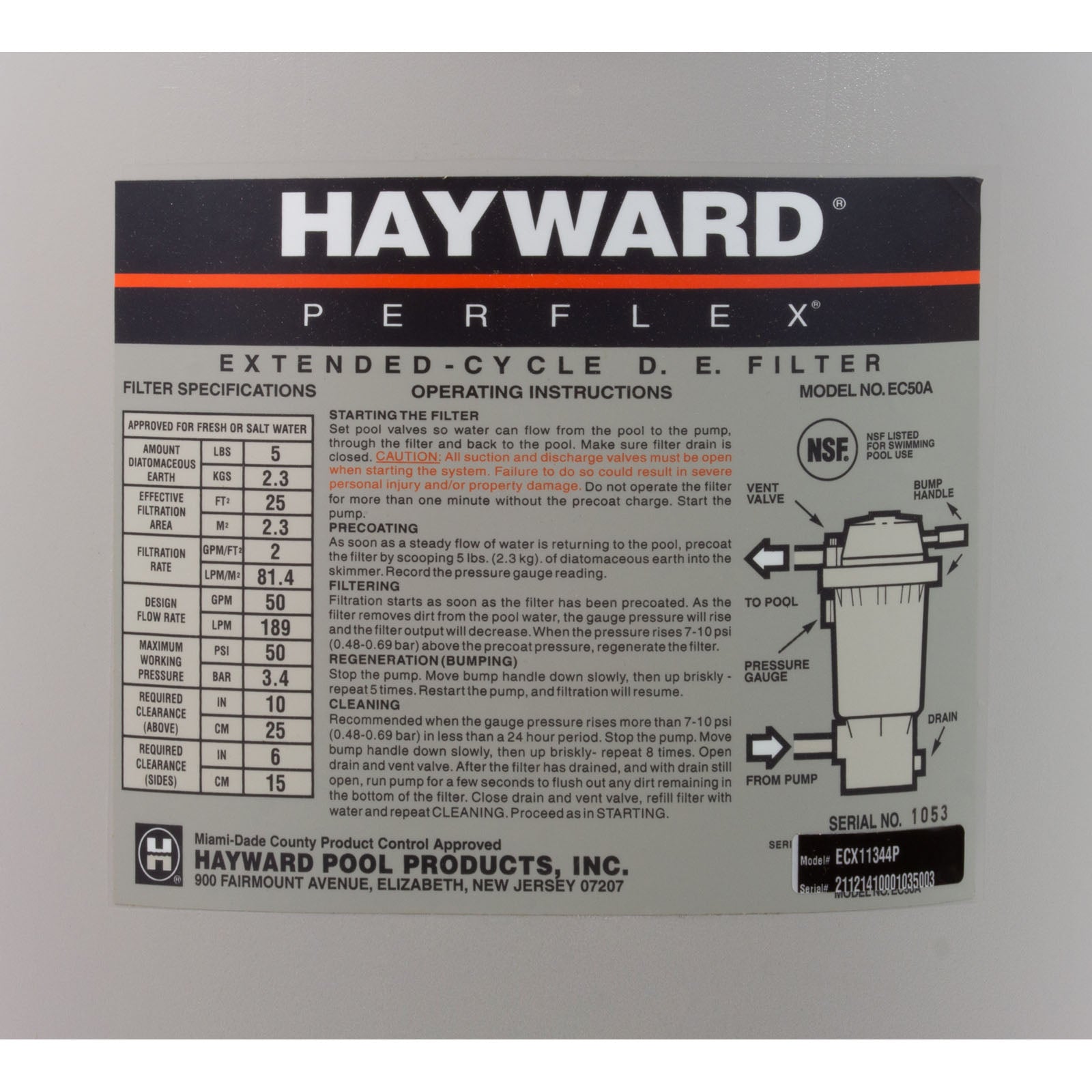 Tank Body, Hayward Perflex EC50A, w/Flow Diffuser