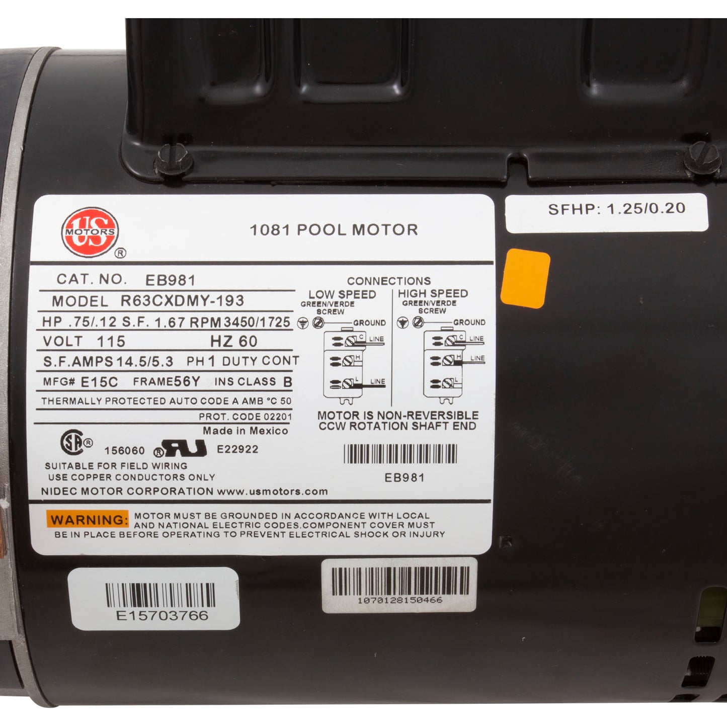 Motor, Nidec/US Motor, 0.75hp, 115v, 2-Spd, 56Yfr, SQFL, Full