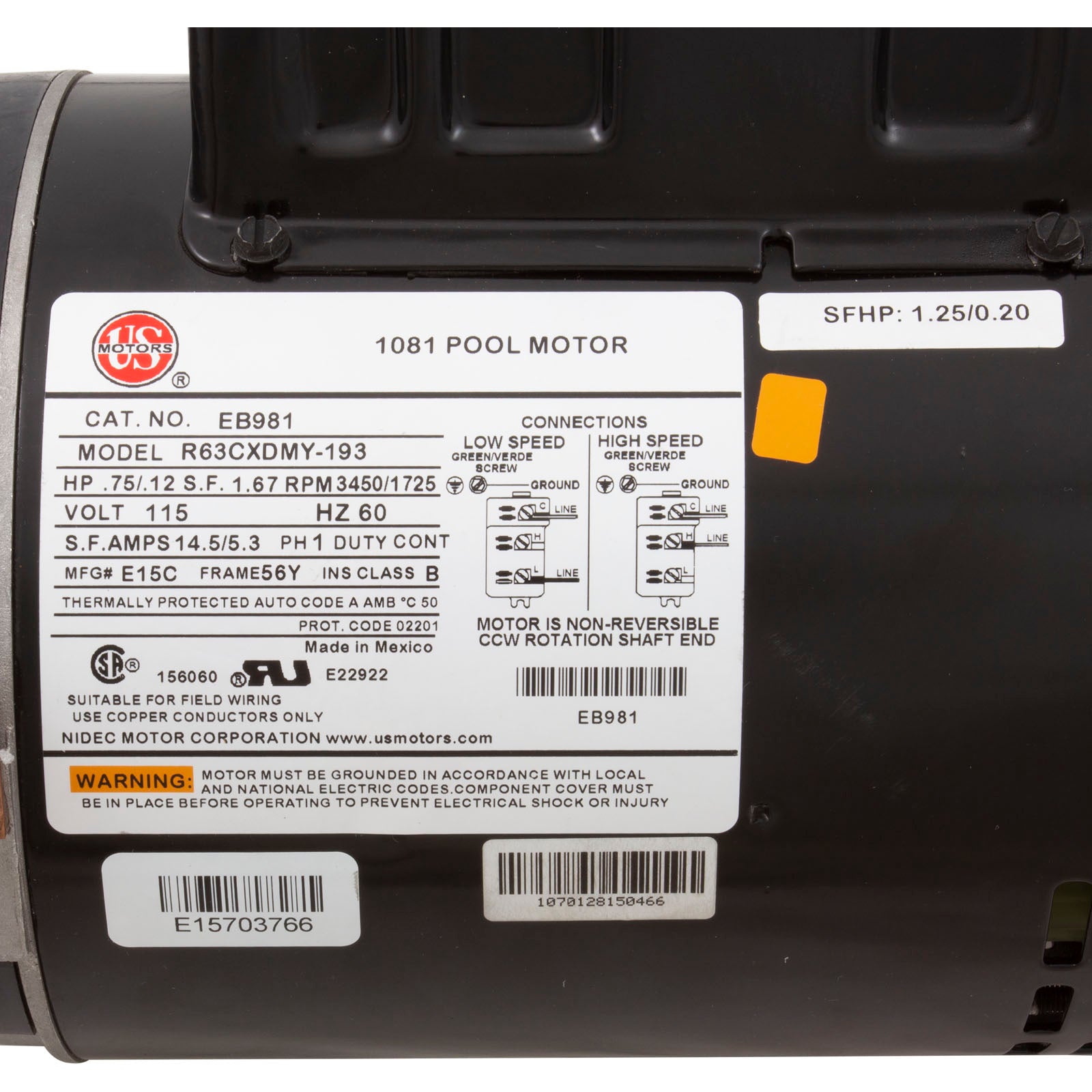 Motor, Nidec/US Motor, 0.75hp, 115v, 2-Spd, 56Yfr, SQFL, Full