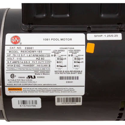 Motor, Nidec/US Motor, 0.75hp, 115v, 2-Spd, 56Yfr, SQFL, Full