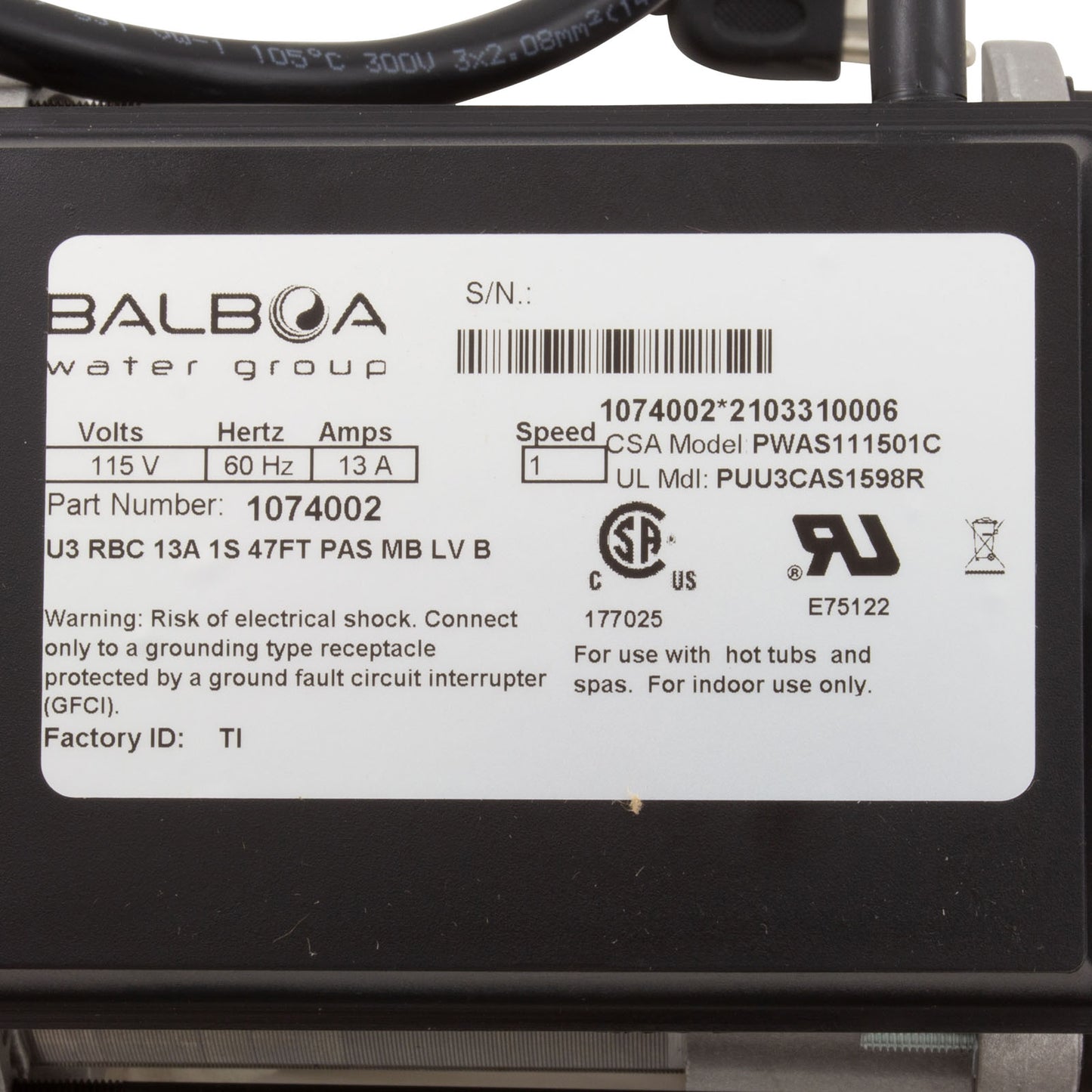 Pump, Bath, BWG Vico WOW, 1.5hp, 115v, w/Air Switch & Cord, OEM