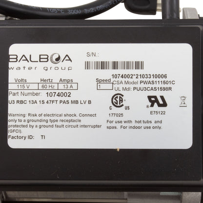 Pump, Bath, BWG Vico WOW, 1.5hp, 115v, w/Air Switch & Cord, OEM