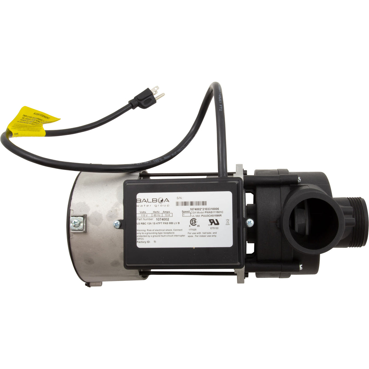 Pump, Bath, BWG Vico WOW, 1.5hp, 115v, w/Air Switch & Cord, OEM