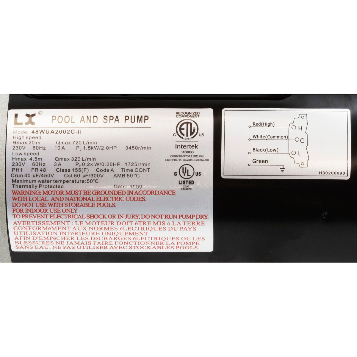 Pump, LX 48WUA, 2.0hp, 230v, 2-Spd, 48Fr, 2", SD, Bracketless