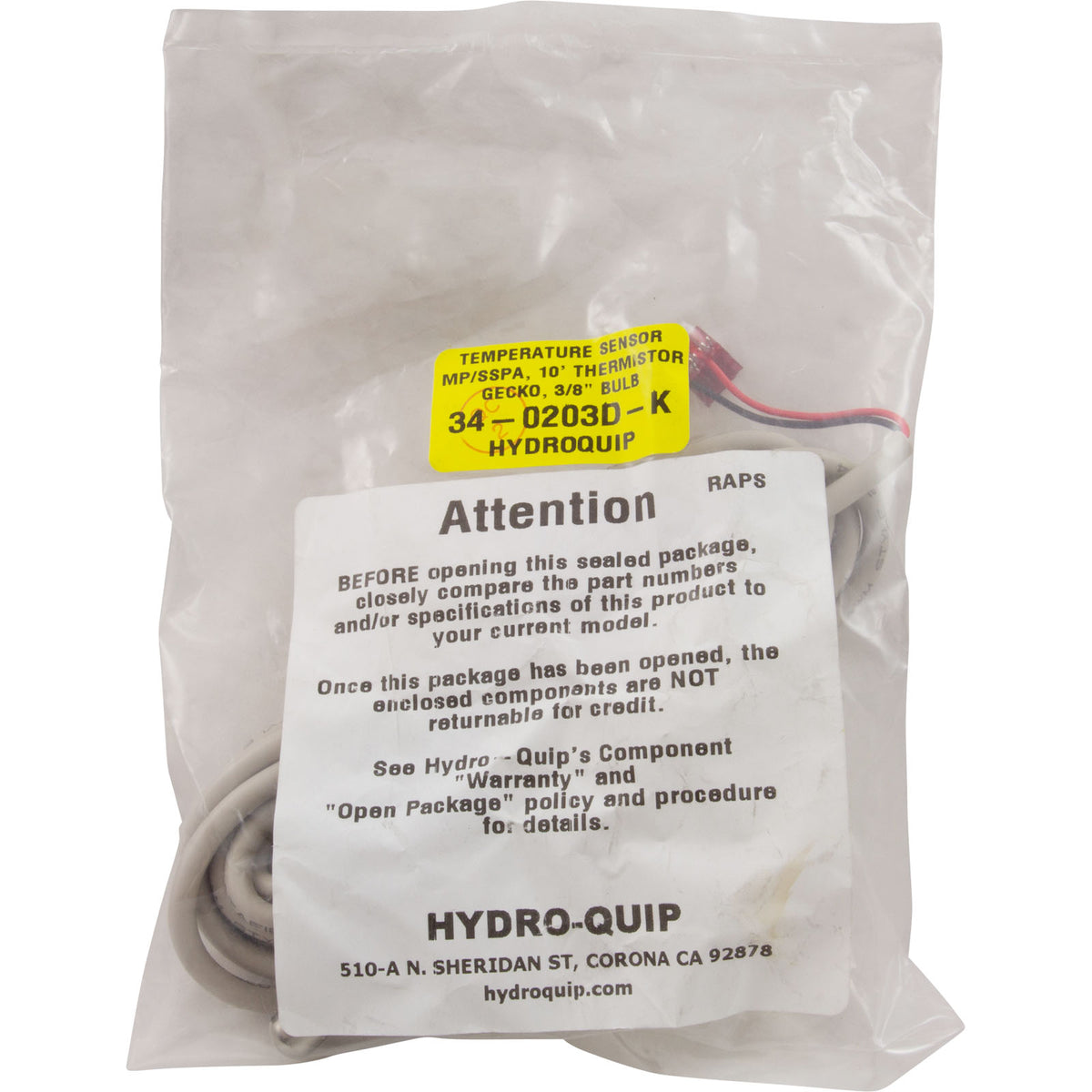 Sensor, Temp, HydroQuip, 10ft, 3/8"dia, 4-pin, After 5/03