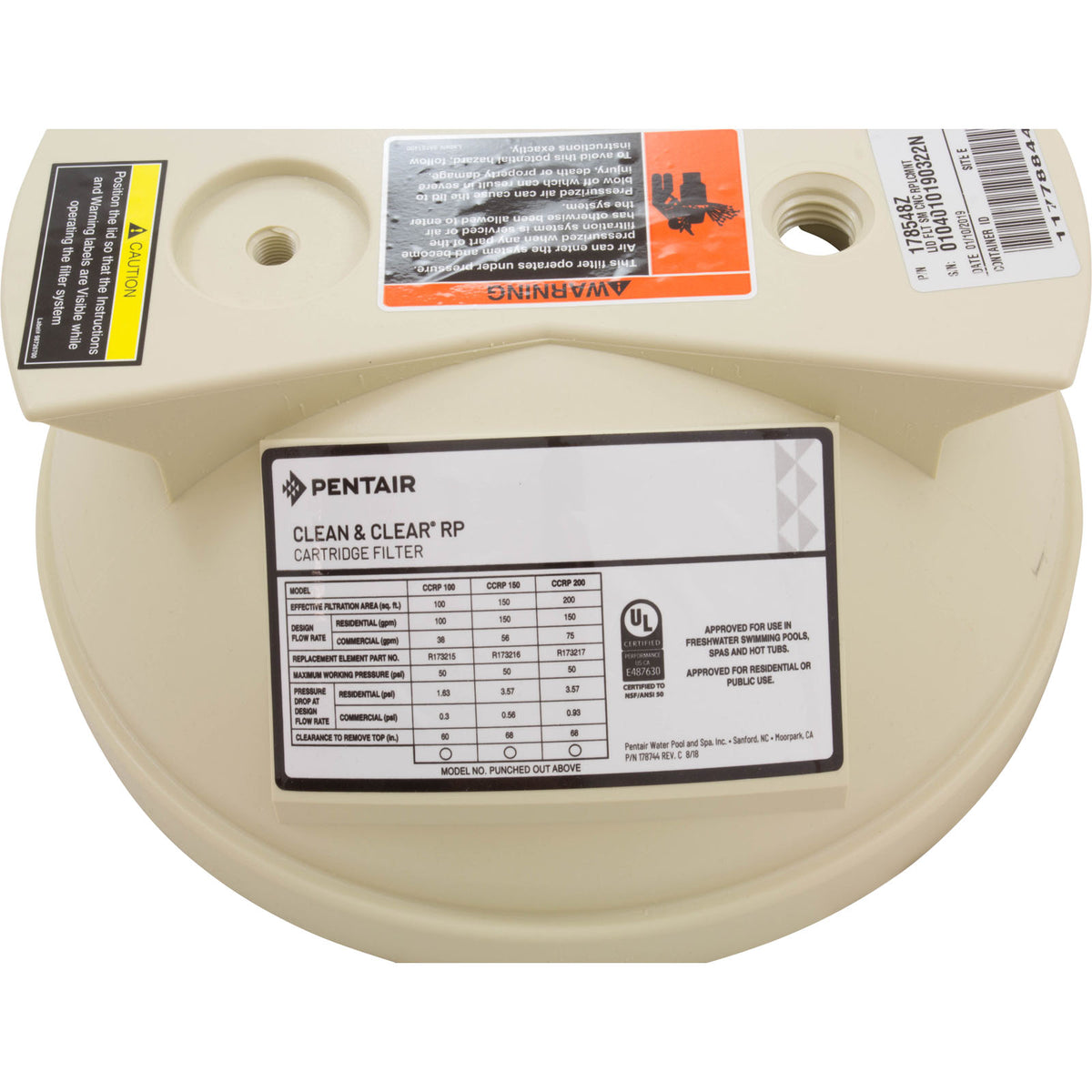 178548Z Pentair Tank Lid 100 SqFt Clean & Clear Replacement